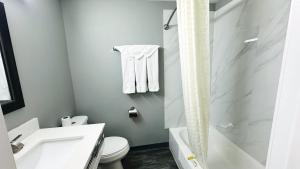a bathroom with a sink and a toilet and a shower at Catalina Airport Motel in Sterling Heights +32 photos