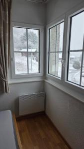 a room with two windows and a radiator in it at Moléson Altitude in Moleson +6 photos