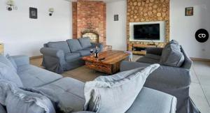 a living room with blue couches and a tv at Willa Bosmański Zakątek in Tałty +6 photos