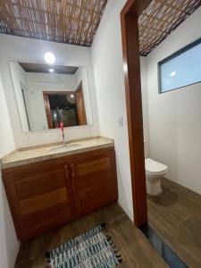 a bathroom with a sink and a mirror and a toilet at Jeribucaçu bangalô in Itacaré