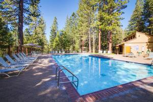 a large swimming pool with chairs and trees at The Cozy King in Kings Beach