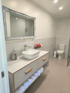 a bathroom with a sink and a mirror and a toilet at Among The Tuii in Katikati +14 photos