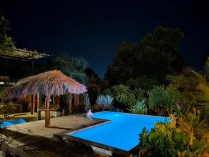 a swimming pool at night with a straw umbrella at Camisão CasaJuMa Pixixi in Aquidauana