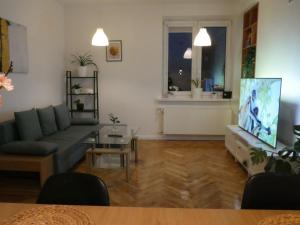 a living room with a couch and a tv at Spacious 3 room apartment in center perfect for family or a group of friends in Warsaw