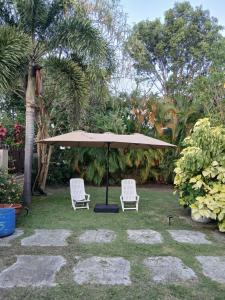 two chairs and an umbrella in a yard at Green Monkey Cottage in Saint Lucy