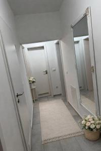 ein Badezimmer mit Spiegel und einer Tür mit Teppich in der Unterkunft Apartment Ivana Imotski near Makarska in Imotski