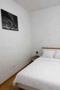 ein Schlafzimmer mit einem weißen Bett und einem Bild an der Wand in der Unterkunft Apartment Ivana Imotski near Makarska in Imotski