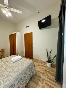 a bedroom with a bed and a flat screen tv at Hotel Europa in Buenos Aires