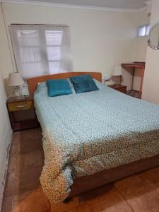 a bedroom with a bed with two blue pillows on it at Casa de playa con espectacular vista in Islote Ramadas