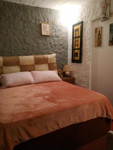 a bedroom with a bed with a orange comforter at Alojamiento Victoria in Montevideo