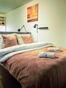 a large bed with two pillows on top of it at Langenfeld City Apartment in Langenfeld