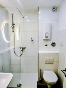 a bathroom with a shower and a toilet and a sink at Langenfeld City Apartment in Langenfeld +9 photos