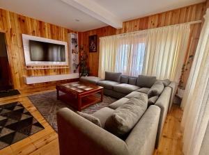 a living room with a couch and a tv at Sompal Service Apartment in Paro