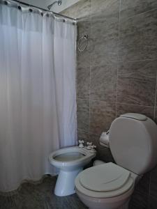 a bathroom with a toilet and a shower curtain at Alojamiento RuOli in Valle Hermoso +13 photos