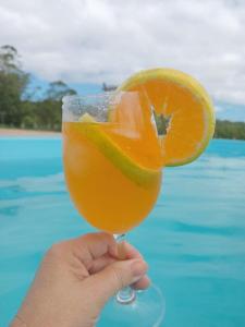 a hand holding a drink with an orange slice at Recanto do sol in Imaruí