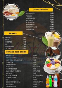 a menu for a restaurant with food and drinks at Maject View Events & Resort in Siaton