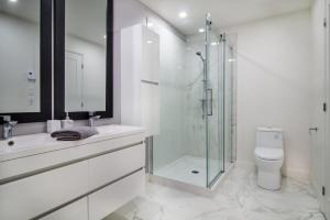 a bathroom with a shower and a sink and a toilet at Appartement 2 chambres, centre ville, séjour longue durée in Quebec City