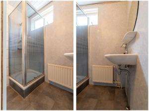 two pictures of a bathroom with a shower and a sink at Waterside stay with Private Jetty in Heeg +32 photos