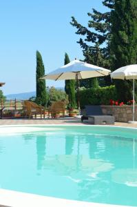 a swimming pool with two umbrellas and a table and chairs at Agriturismo Rosa dei Venti in Pomarance