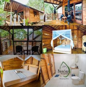a collage of photos of a tiny house at BaraCoco Bungalows in Bira