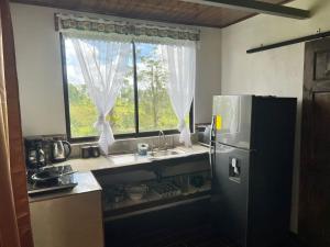 a kitchen with a refrigerator and a window at INTUS Lodge Rio Celeste in El pilon +4 photos