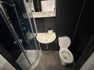 a small bathroom with a toilet and a sink at Studio Apartment next to Airport in Kelsterbach