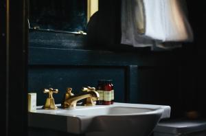 La salle de bains est pourvue d'un lavabo avec des robinets en or. dans l'établissement Brentwood Hotel, à Saratoga Springs