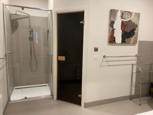 a shower with a glass door in a bathroom at Keystone in Dinner Plain +25 photos