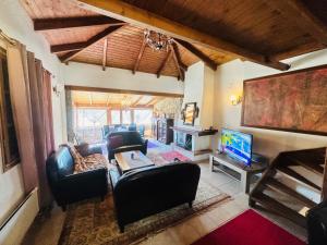 a living room with a couch and a table and a tv at CHALET MARIA livadi in Arachova