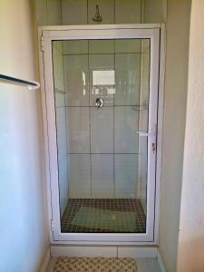 a shower with a glass door in a bathroom at Tsoelike River Lodge in Sehlabathebe