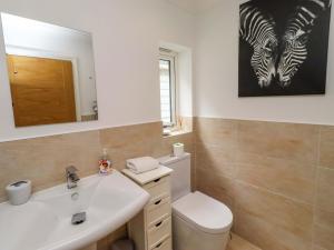 a bathroom with a sink and a toilet at Farne Cottage in Beadnell +43 photos