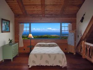 a bedroom with a bed and a large window at Kohala Lodge- Vacation Rental House in Hawi