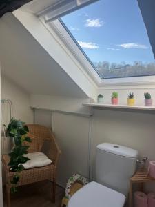 a skylight in a bathroom with a toilet and a chair at Sur les Toits de Honfleur in Honfleur +9 photos