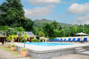 a resort swimming pool with blue chairs and trees at Britannia Hotel in Grand'Anse Praslin
