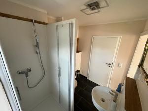 a bathroom with a shower and a sink at Ferienwohnung am Nürburgring in Herresbach