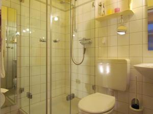 a bathroom with a toilet and a glass shower at Apartments im Froschhaus mit Frühstücksküchen in Friedrichstadt