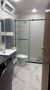 a bathroom with a shower and a toilet and a sink at Grand studio tout équipé in Ben Mered