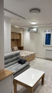 a living room with a couch and a bed at Grand studio tout équipé in Ben Mered