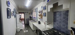 a large kitchen with blue and white walls at Abi se Nessie in Orania +26 photos