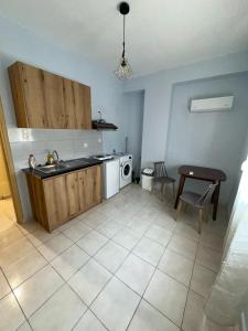 a kitchen with a sink and a table and a dishwasher at Volakis apartments in Chios