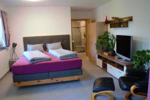 a bedroom with a bed and a flat screen tv at Ferienwohnung Pusteblume4 in Oberau