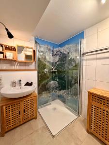 a bathroom with a shower and a sink at Ferienwohnung Bergpanorama Schönau in Schönau am Königssee +8 photos