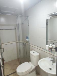 a bathroom with a shower and a toilet and a sink at okaeri hotel in Hanoi