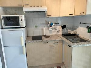 a kitchen with a white refrigerator and a microwave at studio centre plage in Canet-en-Roussillon