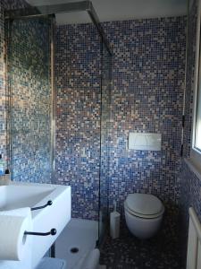 a bathroom with a toilet and a glass shower at como villa il panorama in Como