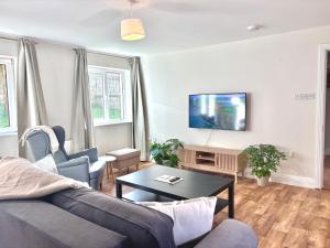 a living room with a couch and a tv at The Seafarers Rest in Cobh