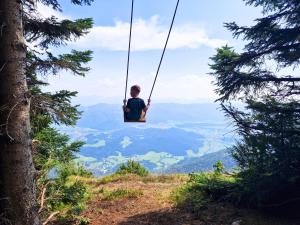 a boy sitting on a swing on a mountain at Apartment MOUNTAIN BLOOM Golte in Mozirje