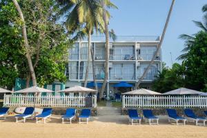 a hotel with chairs and umbrellas on the beach at Baia Dikwella in Batigama