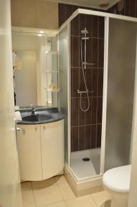 a bathroom with a shower and a sink and a toilet at Logis Le Bretagne in Sillé-le-Guillaume
