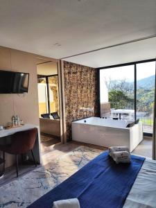 a bedroom with a tub and a bed and a television at DOBAU village in Vieira do Minho